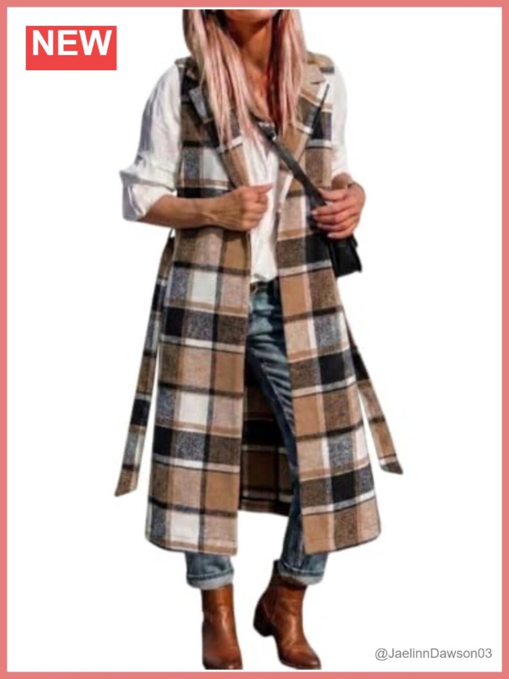 Women's Long Plaid Vest Sleeveless Open Front Cardigan Blazer Jacket with Belt